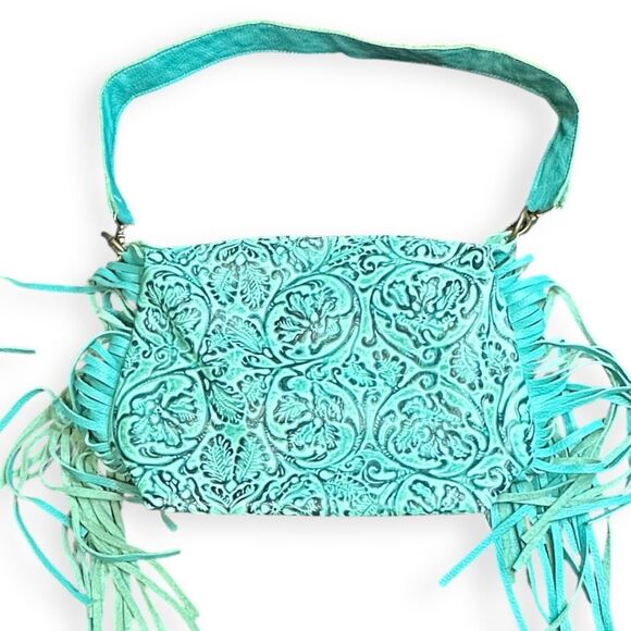 DANCING CACTUS DESIGNS Women’s Turquoise Tooled Leather Fringe Shoulder Bag - Picture 1 of 7
